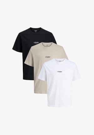 Drei kurzärmlige T-Shirts in Schwarz, Beige und Weiß mit einem kleinen "JJ Studios" Logo in der Mitte. Klassisches Rundhalsdesign.