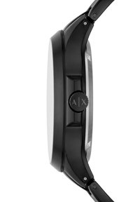 Svart rostfritt stål klocka med rund urtavla, silverdetaljer, texturerad krona och en elegant, minimalistisk design. Slät finish på armbandet.