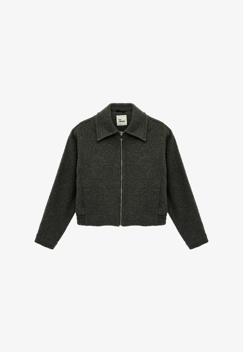 Veste courte en mélange de laine gris foncé avec manches longues, fermeture éclair avant et col large.