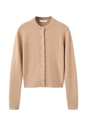Cárdigan de lana beige con escote redondo, mangas largas y cierre de botones. Presenta puños y dobladillo acanalados, con un acabado suave y texturizado.