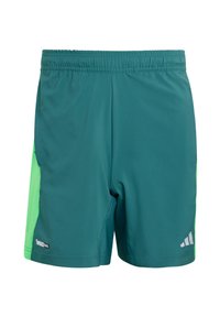 Teal sportshorts van lichtgewicht materiaal, met een heldergroene zijpaneel en reflecterende accenten. Elastische tailleband voor comfort.