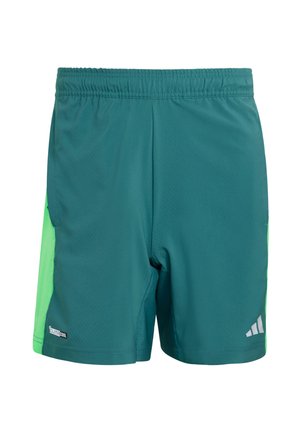 Teal athletic shorts with a lightweight material, featuring a bright green side panel and reflective accents. Elastic waistband for comfort.