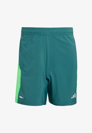 Teal atletiske shorts i let materiale, med en lys grøn sidestykke og reflekterende detaljer. Elastisk talje for komfort.