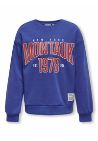 Blauwe sweatshirt met ronde halslijn, lange mouwen en geribbelde manchetten. Beschikt over een rode en witte "MONTAUK" grafiek en labeldetail op de onderste zoom.