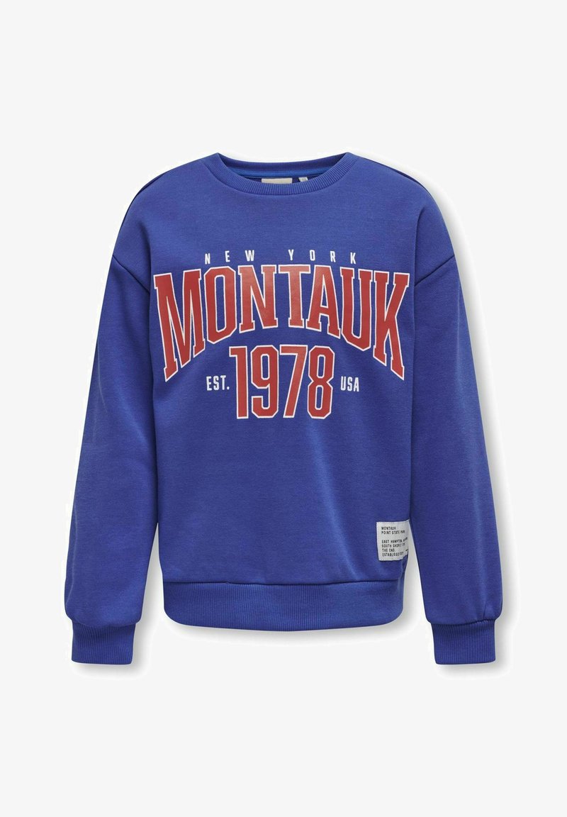 Blauwe sweatshirt met ronde halslijn, lange mouwen en geribbelde manchetten. Beschikt over een rode en witte "MONTAUK" grafiek en labeldetail op de onderste zoom.