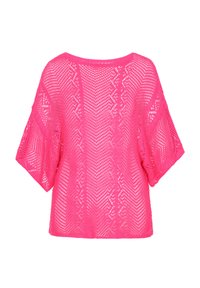 Helles pinkes Strickoberteil mit lockerer Passform, ausgestattet mit weiten kurzen Ärmeln und einem strukturierten Rauten-Muster im gesamten Design.