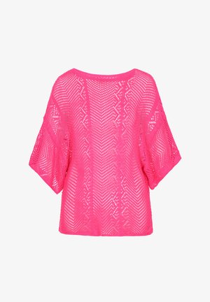 Világos rózsaszín kötött felső, laza fazonnal, széles, rövid ujjal és texturált gyémánt mintával az egész felületen.