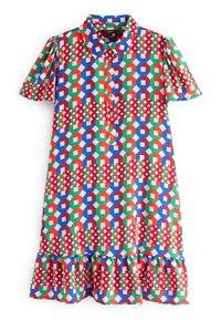 Robe à manches courtes avec un motif géométrique en rouge, vert, bleu et blanc, dotée d'un col, de boutons et d'un ourlet volanté.