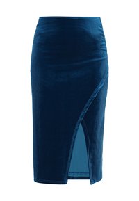 Fluwelen kokerrok in diepblauw, met een zijschuif en een gladde textuur. Ontworpen met een getailleerde pasvorm voor een strakke uitstraling.