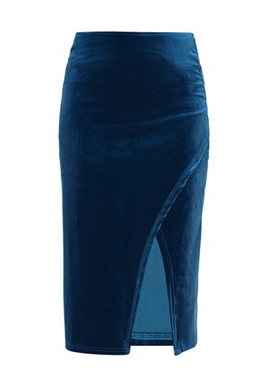 Fluwelen kokerrok in diepblauw, met een zijschuif en een gladde textuur. Ontworpen met een getailleerde pasvorm voor een strakke uitstraling.