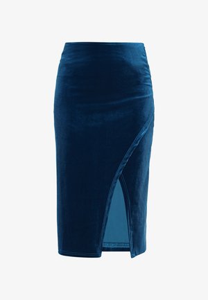 Fluwelen kokerrok in diepblauw, met een zijschuif en een gladde textuur. Ontworpen met een getailleerde pasvorm voor een strakke uitstraling.