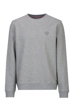 Lichtgrijs sweatervest met lange mouwen en ronde hals, voorzien van geribbelde manchetten en zoom, met een klein schildembleem op de linkerborst.