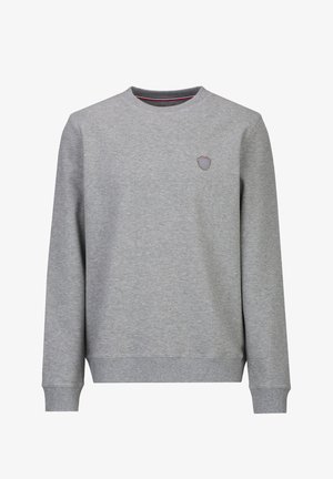 Lichtgrijs sweatervest met lange mouwen en ronde hals, voorzien van geribbelde manchetten en zoom, met een klein schildembleem op de linkerborst.