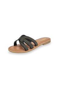 Infradito neri con tre fasce intrecciate, arricchite da dettagli metallici. Suola piatta di color marrone chiaro con una texture liscia.