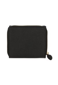 Cartera negra hecha de material sintético texturizado, forma rectangular, cierre tipo zipper con hardware dorado, pequeña pestaña de cuero.