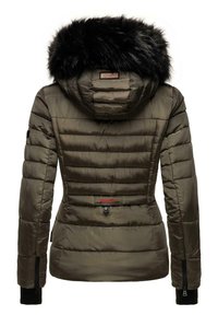 Olive green puffer jacket with a faux fur hood, zippered side pockets, ribbed cuffs, and red logo detail near the waist.