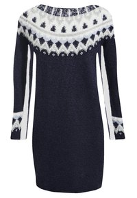Robe en tricot navy avec un col rond et des manches longues. Présente un motif géométrique blanc et bleu clair au niveau de l'empiècement et des poignets.