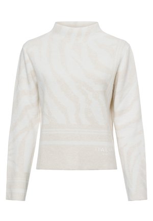 Cream-colored sweater with a mock neckline, featuring a subtle zebra pattern and "ITALIAN VIBES" text in a textured fabric.