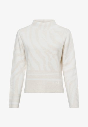 Cream-colored sweater with a mock neckline, featuring a subtle zebra pattern and "ITALIAN VIBES" text in a textured fabric.