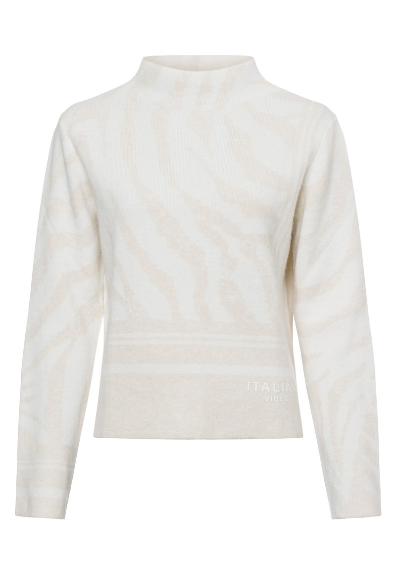 Cremfarbener Pullover mit einem Stehkragen, der ein dezentes Zebra-Muster und den Text "ITALIAN VIBES" aus einem strukturierten Stoff aufweist.
