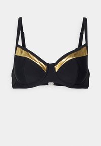 Juodas liemenukas su auksiniais metaliniais akcentais, turintis struktūruotą dizainą, reguliuojamus dirželius ir užsegimą nugaroje.