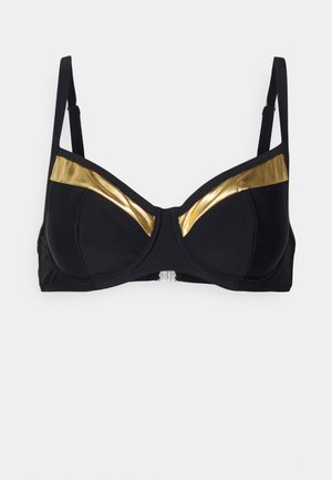 Sutien negru cu accente metalice aurii, prezentând un design structurat, bretele ajustabile și închidere cu cârlig pe spate.