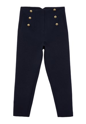 Marineblauwe, slimvallende broek met hoge taille, voorzien van zes gouden sierknopen en twee zijzakken, in een getailleerde pasvorm.
