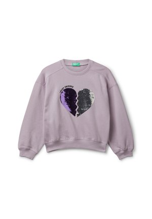 Sweatshirt lilas avec un design de cœur brisé en sequins violet et argent, portant le texte "Meilleures Amies" au-dessus du cœur.