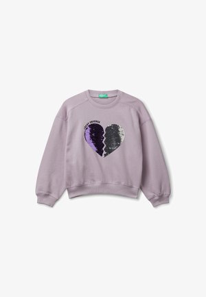 Felpa lilla con design di cuore spezzato in paillettes viola e argento, con il testo "Migliori Amiche" sopra il cuore.