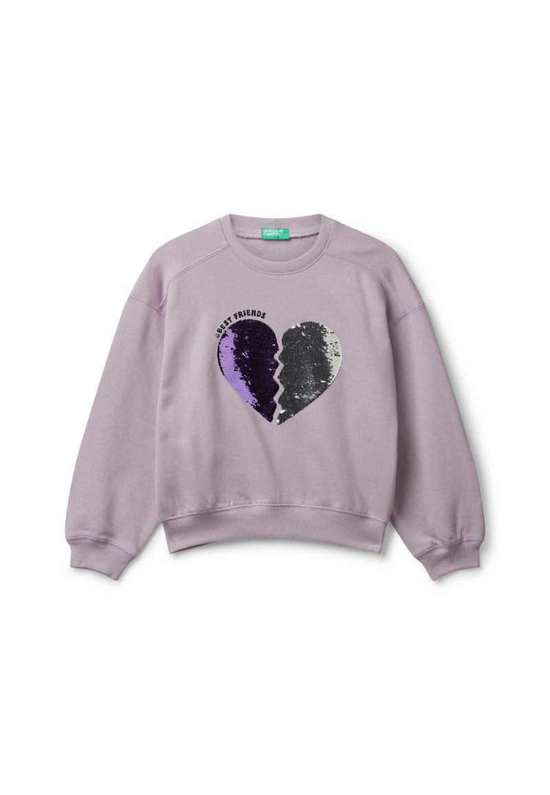 Felpa lilla con design di cuore spezzato in paillettes viola e argento, con il testo "Migliori Amiche" sopra il cuore.