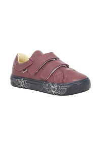 Bordeauxrot Lederschuh mit zwei Klettverschlüssen, Gummisohle und floralen Gravuren an der Seite. Runde Spitze und gepolsterter Innenraum.