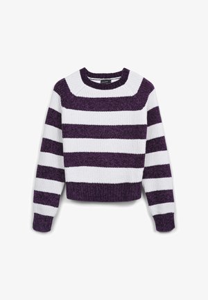 Lila-weiß gestreifter Pullover, grob gestrickte Textur, Rundhalsausschnitt, kurz geschnitten, gerippte Bündchen und Saum.