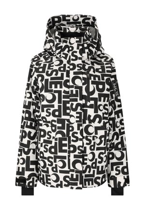 Zwart-witte jas met een gedurfde typografische print, voorzien van een capuchon, ritszakken en elastische manchetten. Waterafstotend materiaal.