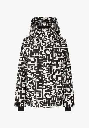 Zwart-witte jas met een gedurfde typografische print, voorzien van een capuchon, ritszakken en elastische manchetten. Waterafstotend materiaal.