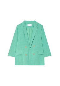 Blazer vert clair à double boutonnage avec revers crantés, manches longues et poches à rabat à l'avant, présenté sur un fond blanc.