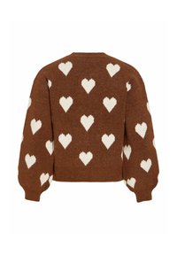 Hnědý pletený svetr s bílými vzory srdcí, balónovými rukávy a kulatým výstřihem. Měkká textura s žebrovaným lemem.