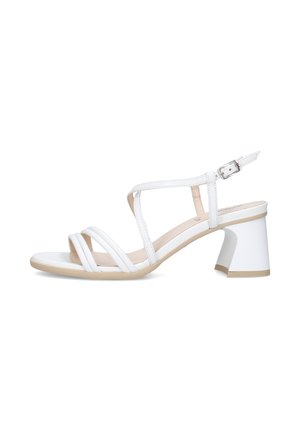 White women's open-toe sandal with three front straps, ankle strap with buckle, and a block mid-heel on a neutral background.