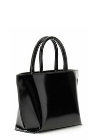 Borsa tote in pelle verniciata nera con due manici, forma rettangolare strutturata, superficie liscia e dettagli di cucitura sottili.