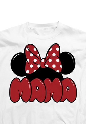 Red polka dot bow and black mouse ears above bold red text spelling "MAMA" on a white fabric background.
