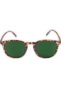 Schildpatt-Sonnenbrille mit grünen Linsen, runden Rahmen und gemusterten Bügeln. Metallakzente an den Scharnieren. Glatte Oberfläche insgesamt.