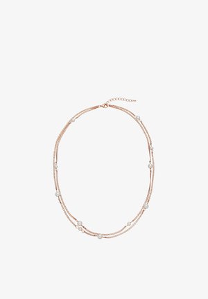 Roségold doppelte Kettenhalskette mit verstreuten weißen Perlen und Karabinerverschluss mit Verlängerungskette.