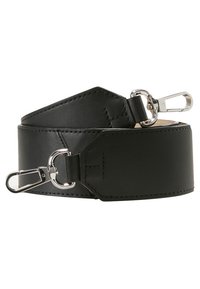 Bracelet en cuir noir avec clips en métal argenté, de forme rectangulaire, présentant des détails de couture et une finition texturée. Design ajustable.