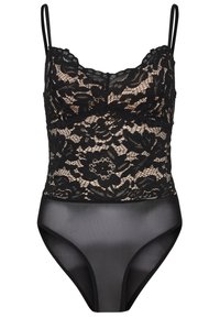 Mustasilkkinen body, jossa on läpinäkyvä alaosa, säädettävät olkaimet ja kukkakuvioita yläosassa, luoden kerroksellisen vaikutelman.