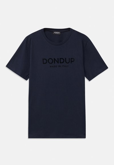 Navy blue cotton t-shirt with short sleeves, featuring the text "DON DUP" and "MADE IN ITALY" in soft black print across the chest.