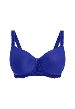 Blauwe bh met gevormde cups, kantafwerking langs de band en schouderbanden, verstelbare schouderbanden en een decoratieve strik aan de voorkant.