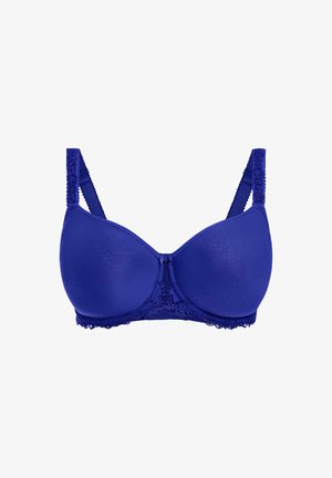 Soutien-gorge bleu avec des coques moulées, une dentelle sur le bandeau et les bretelles, des bretelles réglables et un nœud décoratif à l'avant central.