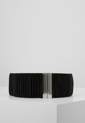 Black wide fabric belt with vertical pleats and a rectangular silver metal clasp, displayed on a white surface.