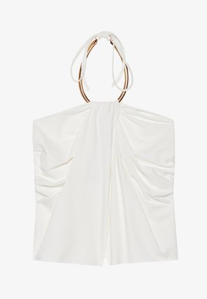 Biała bezrękawnik z drapowanym materiałem, zaciąganym na szyi w stylu halter oraz detalami w złotym odcieniu. Miękka tekstura i lekka, zwiewna konstrukcja.