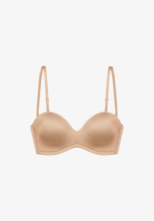 Bežani podstavljeni bralet s glatkom teksturom, oblikovanim čašama i podesivim naramenicama; sadrži potporu s žicom i bešavnu konstrukciju.