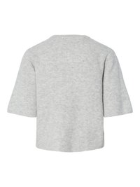 Kortsleevet grå ribbestrikket genser med rund hals, avslappet passform, myk tekstur og rett kant. Ingen synlige lukninger eller dekorasjoner.